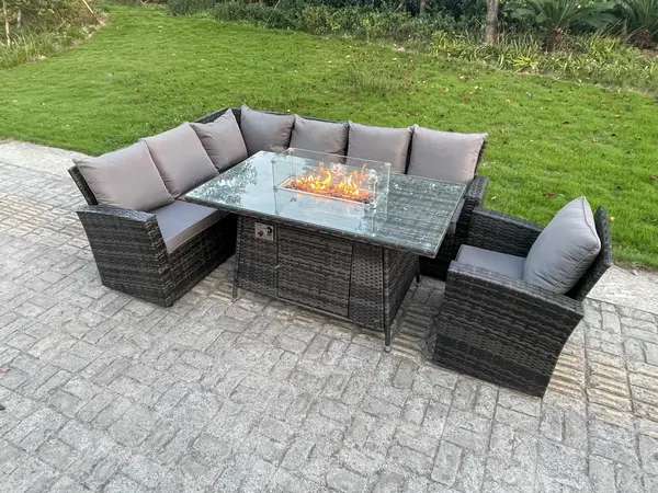 Image of Fimous 7 Seater Outdoor Dark Grey Rattan Lounge Complete Sofa Set Left Side with Gas Fire Pit Dining Table and Gas Header