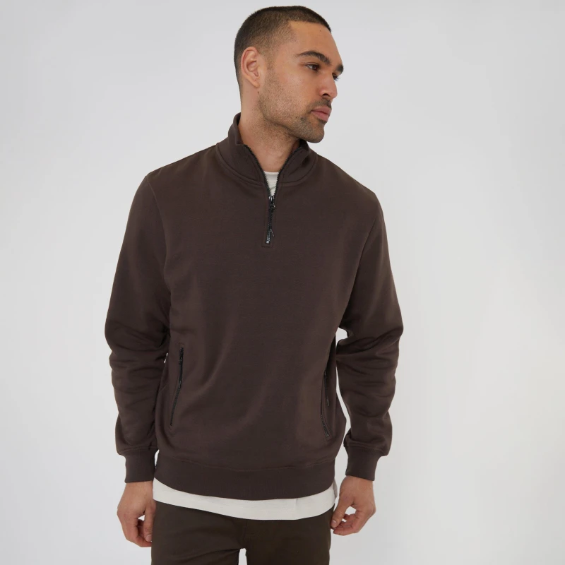 Image of Threadbare 'Expresso' Quarter Zip Sweatshirt Chocolate