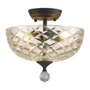 Image of Luminosa Talisa 2 Light Semi Flush Ceiling Lamp E27 With Flat Round 30cm Patterned Glass Shade Graphite, Clear