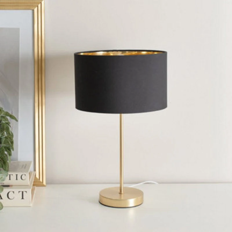 Image of ValueLights ValueLights Charlie Gold Stem Table Lamp with Fabric Drum with Gold Inner Lamp Shade & Bulb in Black One Size Unisex 5059406060779