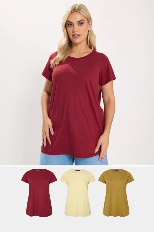 Image of Yours Womens 3 Pack Core T-Shirts in Dark Red Size: 20 Dark Red Female 20