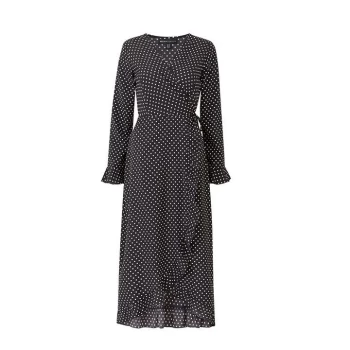 Image of Mela London Spot Printed Ruffle Hem Detail Wrap Dres - Black