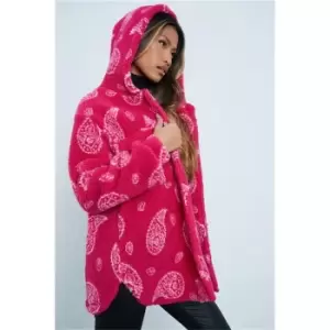 Image of I Saw It First Pink Oversized Paisley Print Borg Shacket With Hood - Pink