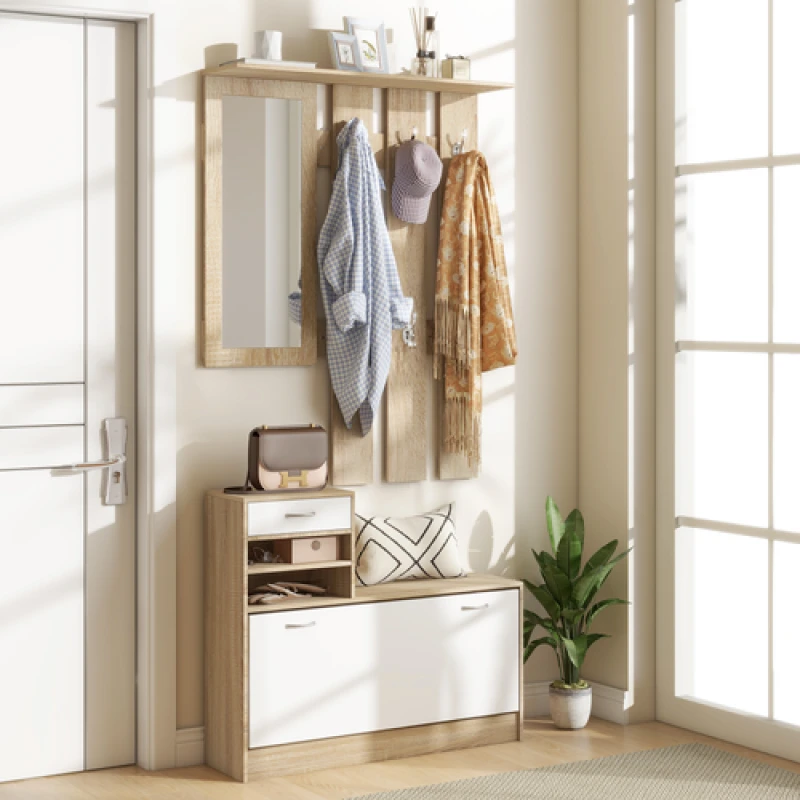Image of HOMCOM HOMCOM Hallway Furniture Set with Shoe Cabinet, Coat Rack and Mirror in Natural Natural One Size Unisex 5063603033108