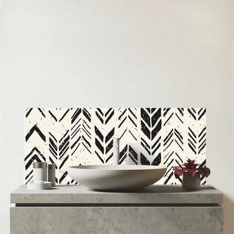 Image of Warren Reed - Designer Hand Drawn Chevron Pattern Glass Bathroom Splashback in Black Unisex