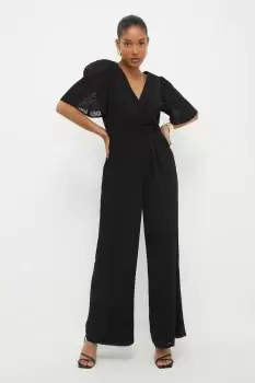 Image of Black Chiffon Dobby Shirred Waist Jumpsuit