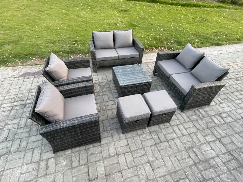 Image of Fimous Rattan Garden Furniture Set Patio Outdoor Lounge Sofa Set with Square Coffee Table Double Seat Sofa 2 Small Footstools in Dark Grey Dark Grey U