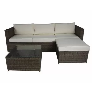 Image of Charles Bentley L-shaped Rattan Corner Sofa Set - Dark Brown and Beige