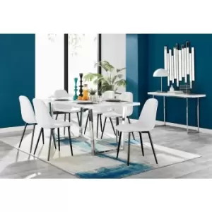 Image of Kylo White High Gloss Dining Table & 6 White Corona Faux Leather Dining Chairs with Black Legs Diamond Stitch - White