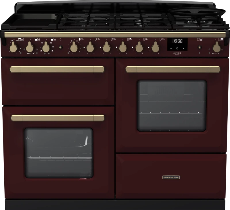 Image of Rangemaster Estel Deluxe ESDLO110DFPBOR/AB1 110cm Dual Fuel Range Cooker - Bordeaux / Antique Brass - A/A Rated