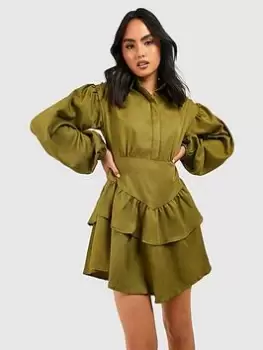 Image of Boohoo Ruffle Skirt Shirt Dress - Khaki, Green, Size 16, Women