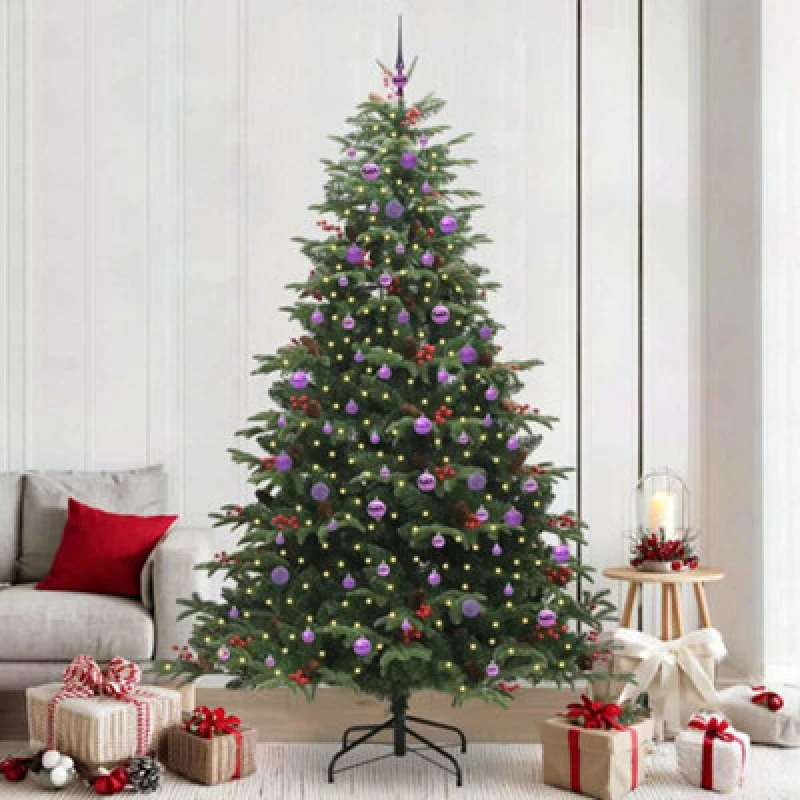 Image of vidaXL Artificial Christmas Tree with LED Strip Lights, Lilac Balls Green 240 cm, Green 3395574