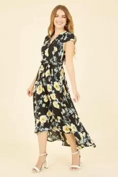 Image of Black Floral Print Dipped Hem Midi Wrap Dress