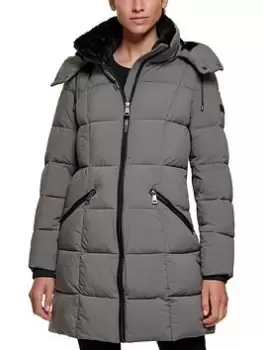 Image of DKNY Padded Long Line Coat, Grey, Size S, Women