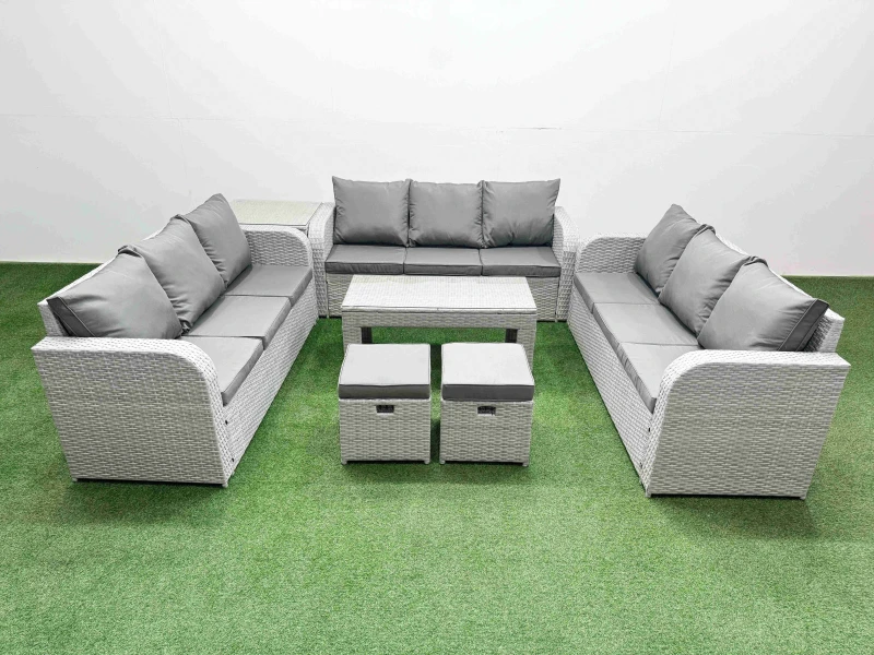 Image of Fimous PE Rattan Lounge Sofa Set 11 Seater Outdoor Garden Furniture Set with Oblong Coffee Table 3 Seater Sofa 2 Stools Side Table Light Grey Light Gr