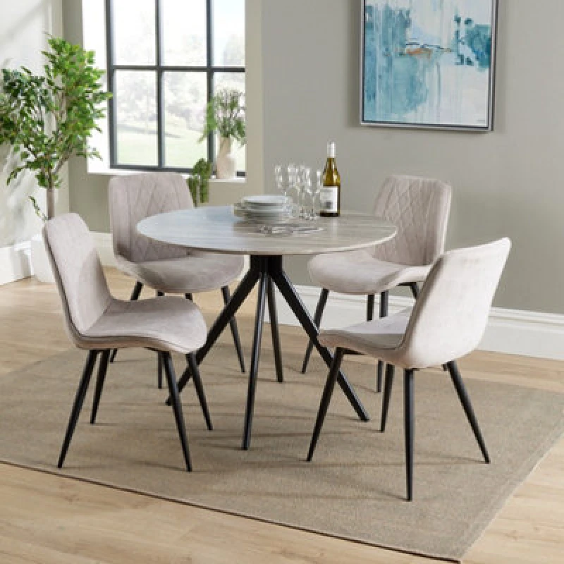 Image of Core Products Aspen Grey Oak Effect 100Cm Round Dining Table With 4 Natural Fabric Diamond Stitch Design Chairs