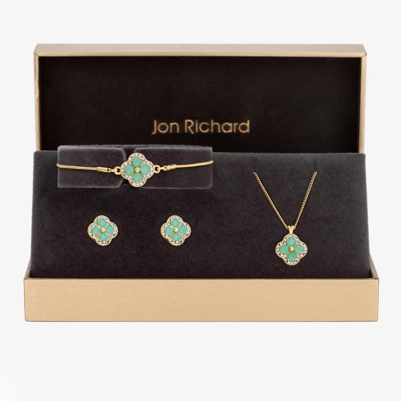 Image of Jon Richard Gold Plated Green Clover Trio Set - Gift Boxed Gold