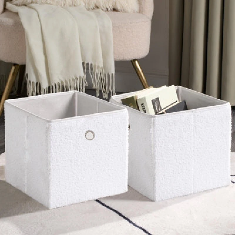 Image of OHS OHS 2 Pack Boucle Cube Folding Space Saving Storage Boxes in White White One Size Unisex 5027434183913