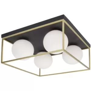 Image of Merano - Dawson 4 Light Globe Ceiling Light Brass, Black Metal White Opal Glass LED E14