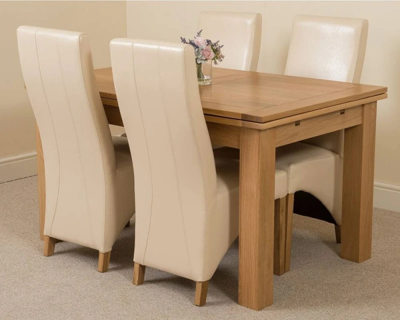 Image of Thats Furniture Richmond 140-220cm Oak Extending Dining Table & 4 Lola Leather Chairs in Cream Cream Unisex