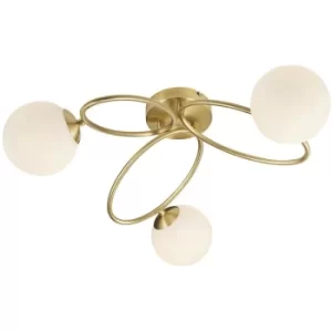 Image of Endon Ellipse Semi Flush 3 Light Lamp Satin Brass, Opal Glass Globe