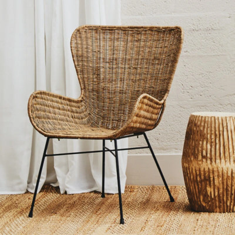 Image of Orsina Curved Design Natural Rattan Chair, Easy To Clean Ratan Outdoor Chair, Backrest Rattan Office Chair