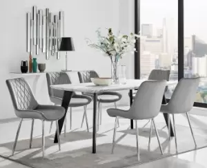 Image of Andria Marble Effect Dining Table With Black Legs & 6 Pesaro Velvet Silver Leg Chairs