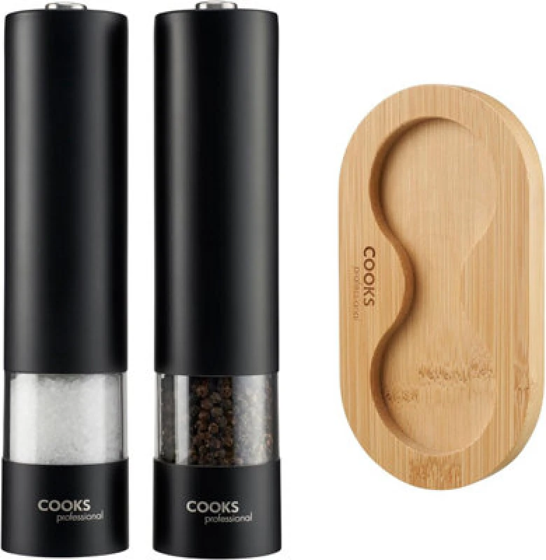 Image of Cooks Professional Electric Salt and Pepper Mill Grinder Set Shaker Automatic with Stand Matt Black unisex