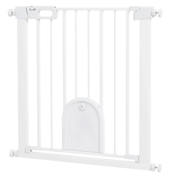Image of PawHut 75-82cm Pet Safet Gaye, Pressure Fit Stair, with Cat Flap, Double Locking, White