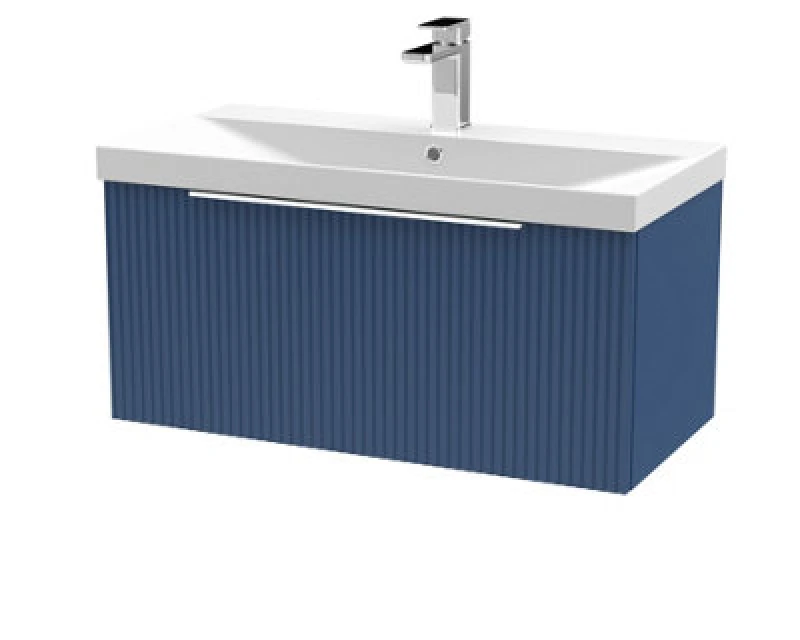 Image of HUDSON REED Hudson Reed - Fluted Satin Blue 800mm Wall Hung Single Drawer Vanity Unit and Thin Edge Ceramic Basin - DFF396D DFF396D
