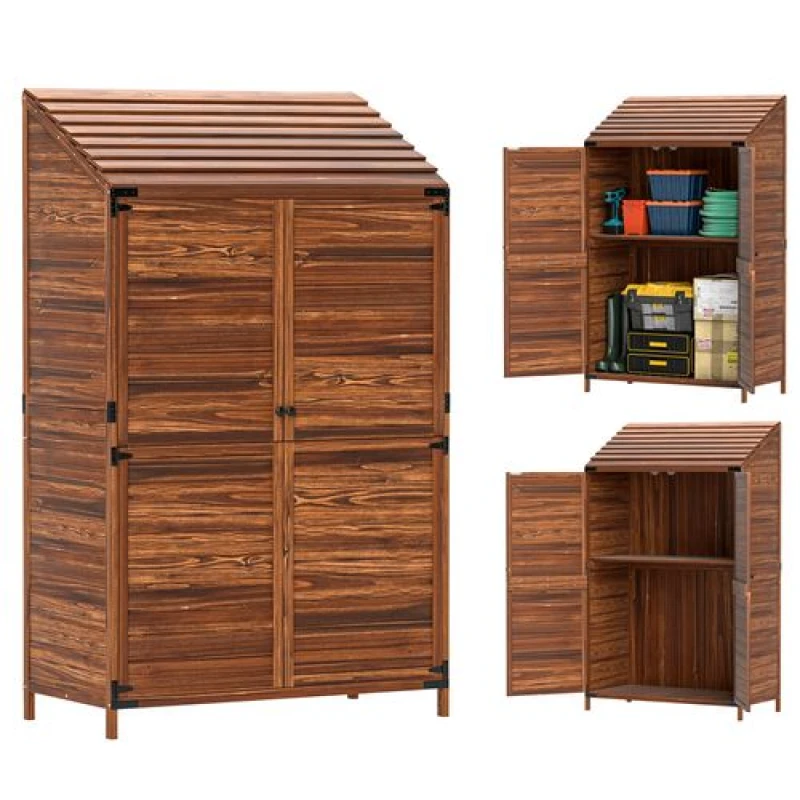 Image of Outsunny Outsunny Wooden Garden Storage Shed w/Double Doors and Shelves, Green Brown