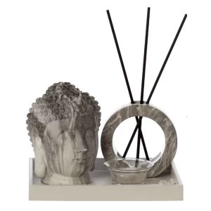 Image of Eden Marble Effect Buddha Head Tea Light and Decorative Reed Holder
