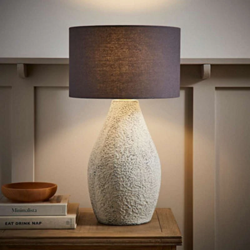Image of ValueLights ValueLights Colin Grey Drum Shade Grey Speckled Hand Finished Ceramic Stoneware Table Lamp in Natural Natural One Size Unisex 501652927153