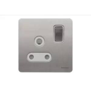 Image of Schneider USFP 15A 1G Round Pin Switched Socket White Insert Stainless Steel - GU3490WSS