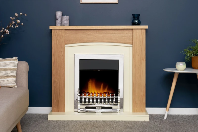 Image of Adam Fires & Fireplaces Chilton Fireplace in Oak & Cream with Blenheim Electric Fire in Chrome, 39" Grey