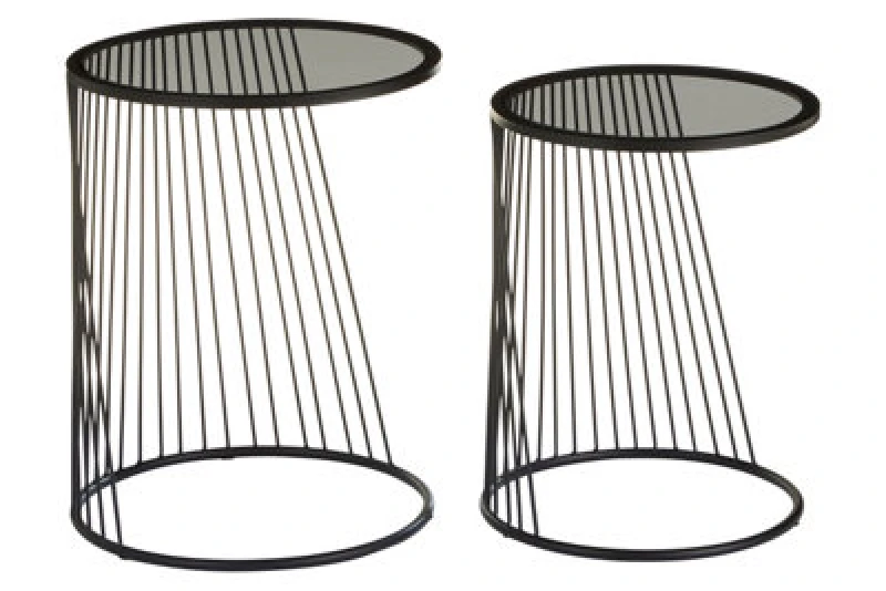 Image of Premier Housewares Set Of Two Grey Glass Top Black Side Table with Openwire Frame, Black Round Side Tables For Living Room Black