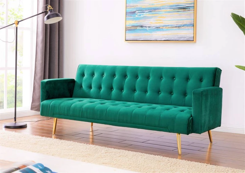 Image of Home Detail Windsor Velvet Sofa Bed With Tufted Detail and Gold Legs Green