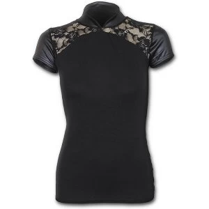 Image of Gothic Elegance Leather Look Lace Womens Large Short Sleeve Top - Black