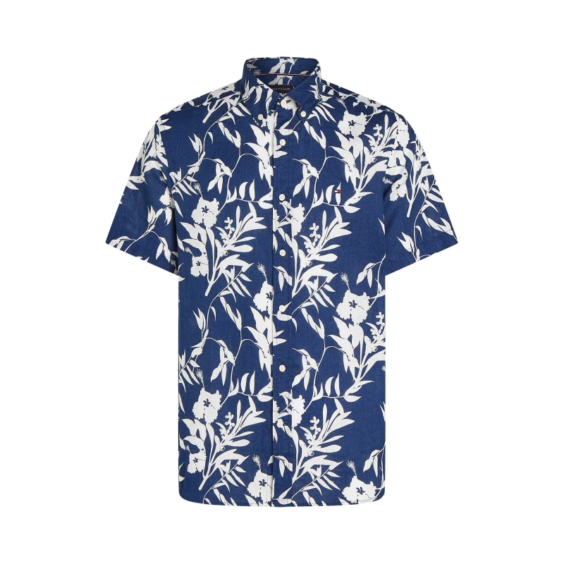 Image of Tommy Hilfiger Mens Linen Tropical Print Short-Sleeve Patterned Shirt Night Sky male S