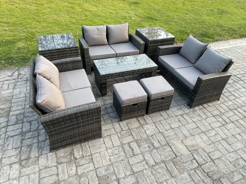 Image of Fimous Outdoor U Shape Sofa Set Wicker Pe Rattan Garden Furniture Set With Coffee Table Double Seat Sofa 2 Small Footstools