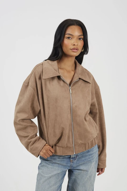 Image of Brave Soul Womens Faux Suede Bomber Jacket in Taupe Size: 12 Taupe Female 12