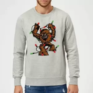 Image of Star Wars Tangled Fairy Lights Chewbacca Grey Christmas Jumper - L