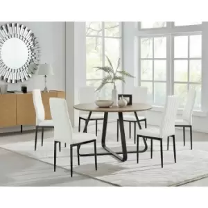Image of Santorini Brown Round Dining Table And 6 White Milan Black Leg Chairs - White