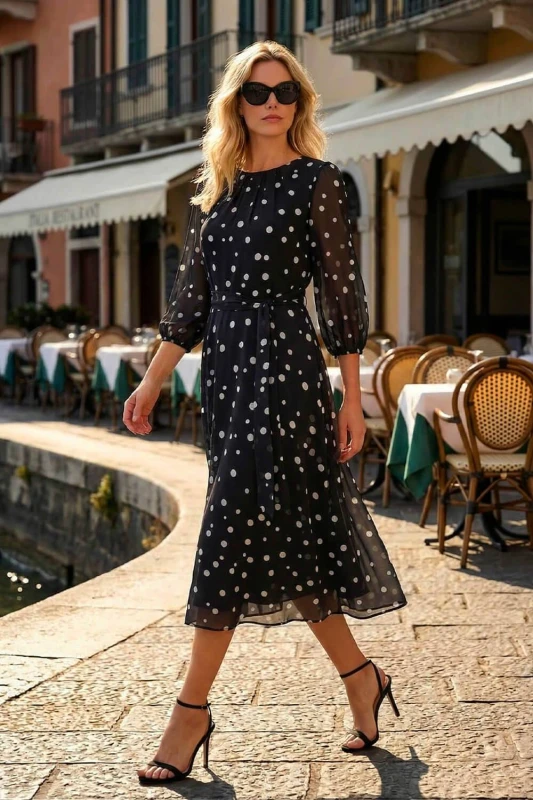 Image of Roman Womens Polka Dot Pleat Neck Midi Dress in Black Size: 14 Black Female 14