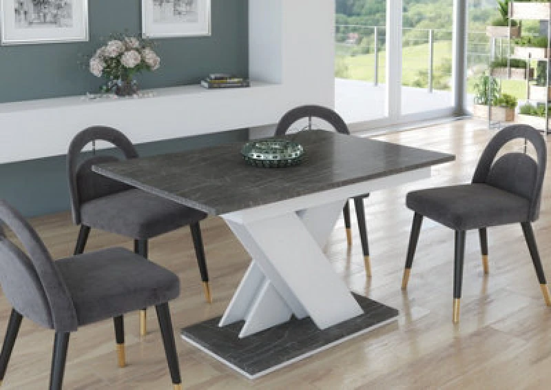 Image of Furneo Modern Dining Table Only Extendable 120-160Cm Grey Marble Effect Tavolo 02 Mdf
