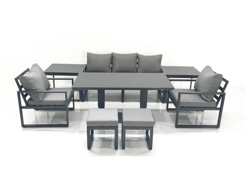 Image of Fimous Outdoor Aluminium Garden Furniture Set w/ Adjustable Rising Lifting Dining Table 3 Seater Sofa 2 Chair 2 Small Footstools 2 Side Tables Dark Da