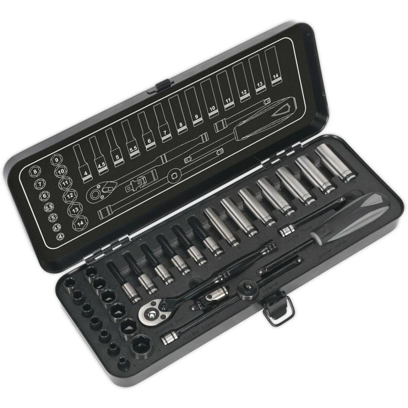 Image of Loops 32pc BLACK SERIES Deep Socket & Ratchet Handle Set -1/4" Sq Drive 6 Point Metric Black