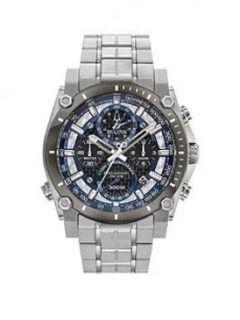 Image of Bulova Precisionist Silver And Blue Detail Chronograph Dial Stainless Steel Bracelet Mens Watch