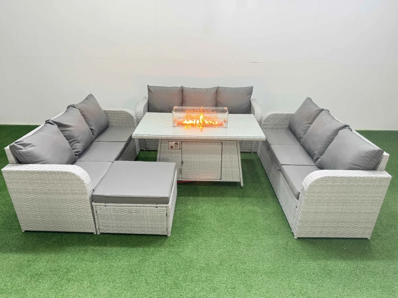Image of Fimous PE Rattan Lounge Sofa Set 10 Seater Outdoor Garden Furniture Set with Firepit Dining Table 3 Seater Sofa Big Footstool Light Grey Light Grey