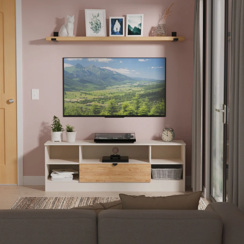 Image of Welcome Furniture Ltd Bora Wide 1 Drawer TV & Media Unit in Gold Craft Oak & Kashmir - Ready Assembled, Cream BOP212GCKM